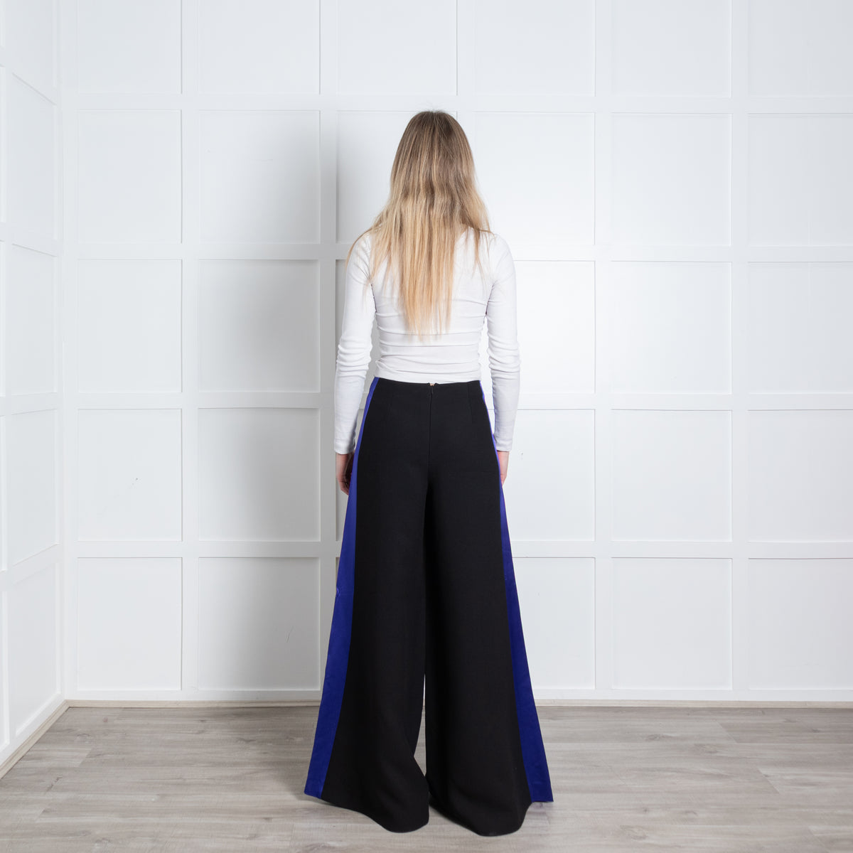 Roksanda Black Royal Blue Satin Side Stripe Wide Leg Trousers