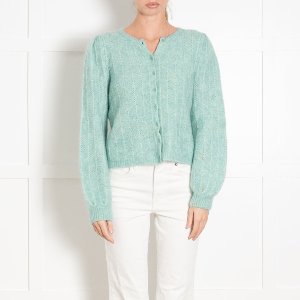 La Maille Sezane Aqua Green Mohair Blend Cardigan