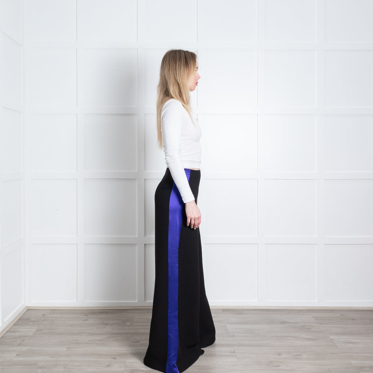 Roksanda Black Royal Blue Satin Side Stripe Wide Leg Trousers