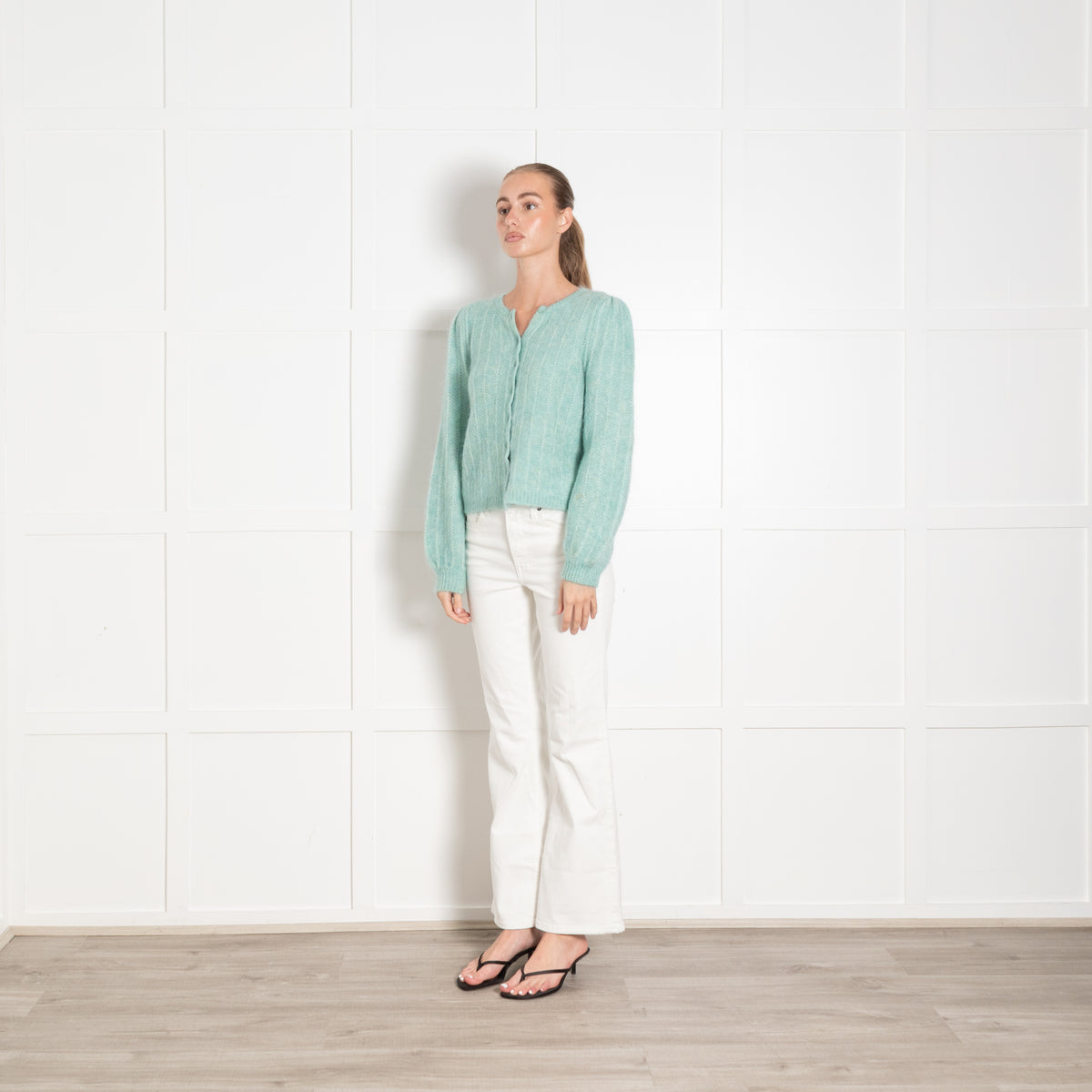 La Maille Sezane Aqua Green Mohair Blend Cardigan