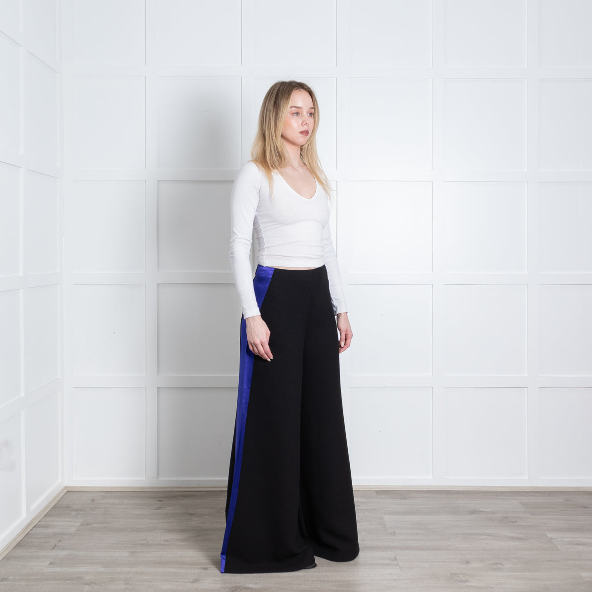 Roksanda Black Royal Blue Satin Side Stripe Wide Leg Trousers