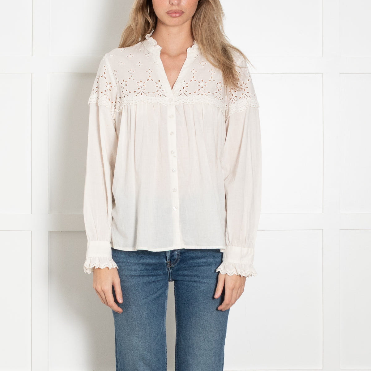 Ba&sh Cream Broderie Frill Blouse