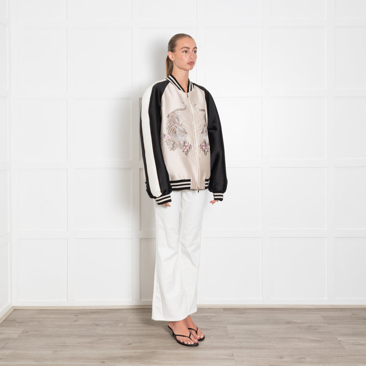 Stella McCartney Lorinda Tiger Embroidered Satin Bomber Jacket