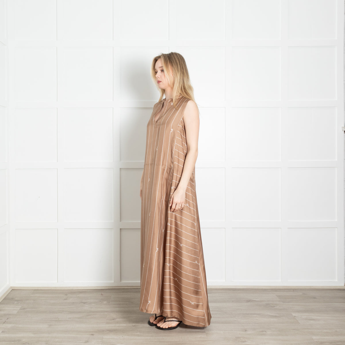 Max Mara Brown Silk Striped Sleeveless Maxi Dress