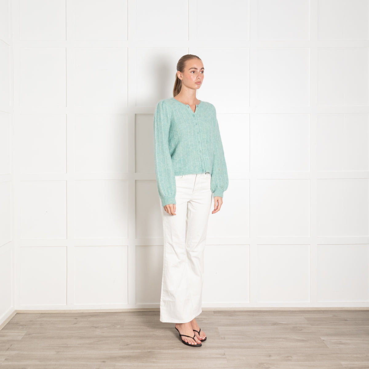 La Maille Sezane Aqua Green Mohair Blend Cardigan