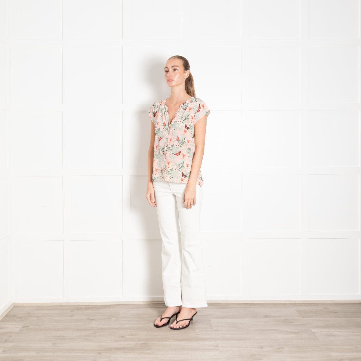 Joie Peach Green Botanical Print Silk Sleeveless Top