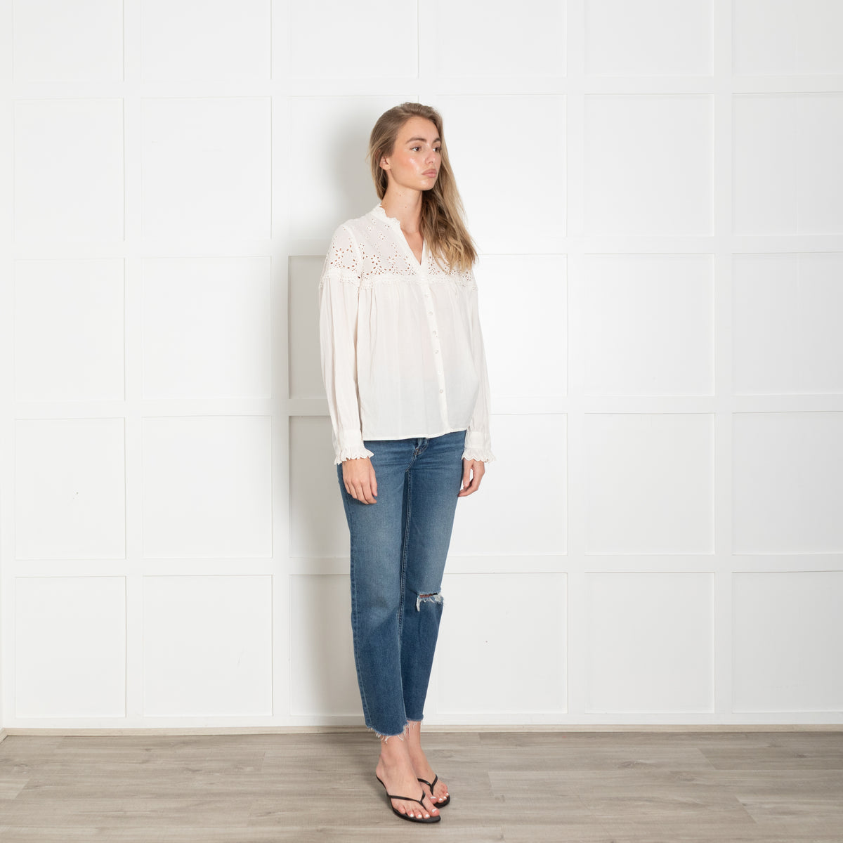 Ba&sh Cream Broderie Frill Blouse