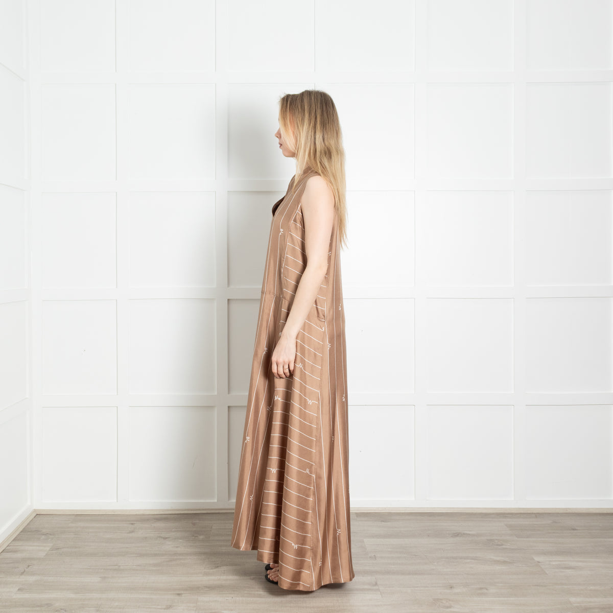 Max Mara Brown Silk Striped Sleeveless Maxi Dress