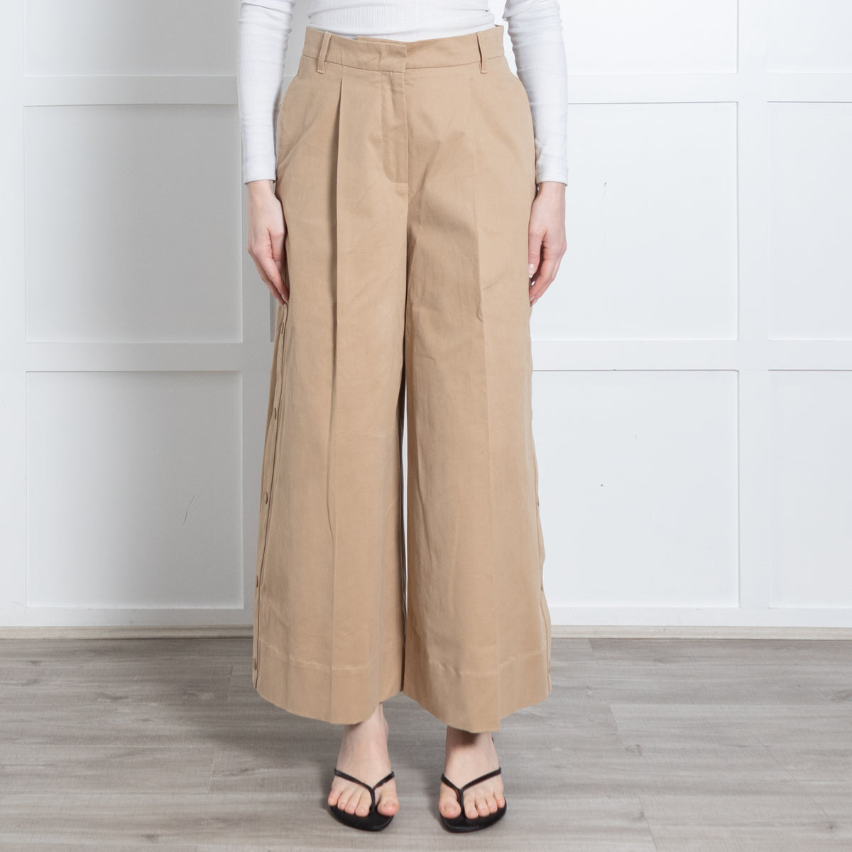 Weekend Max Mara Camel Wide Leg Press Stud Detail Trousers