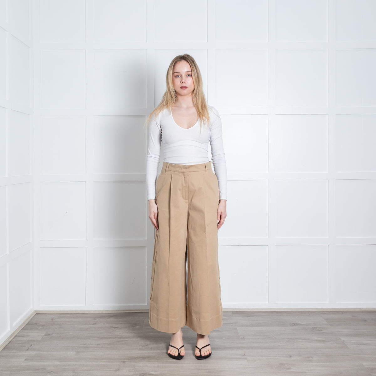 Weekend Max Mara Camel Wide Leg Press Stud Detail Trousers