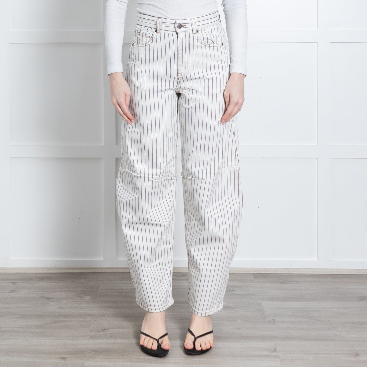 Me + Em Cream Black Striped Barrel Leg Jeans