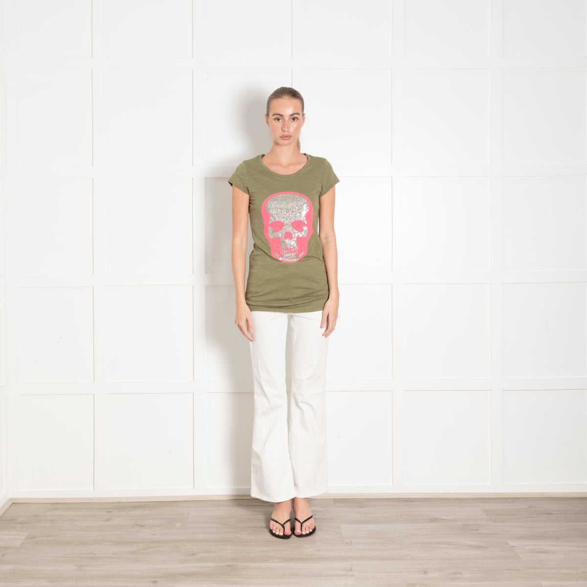 e.vil Khaki Neon Pink and Silver Skull T-shirt