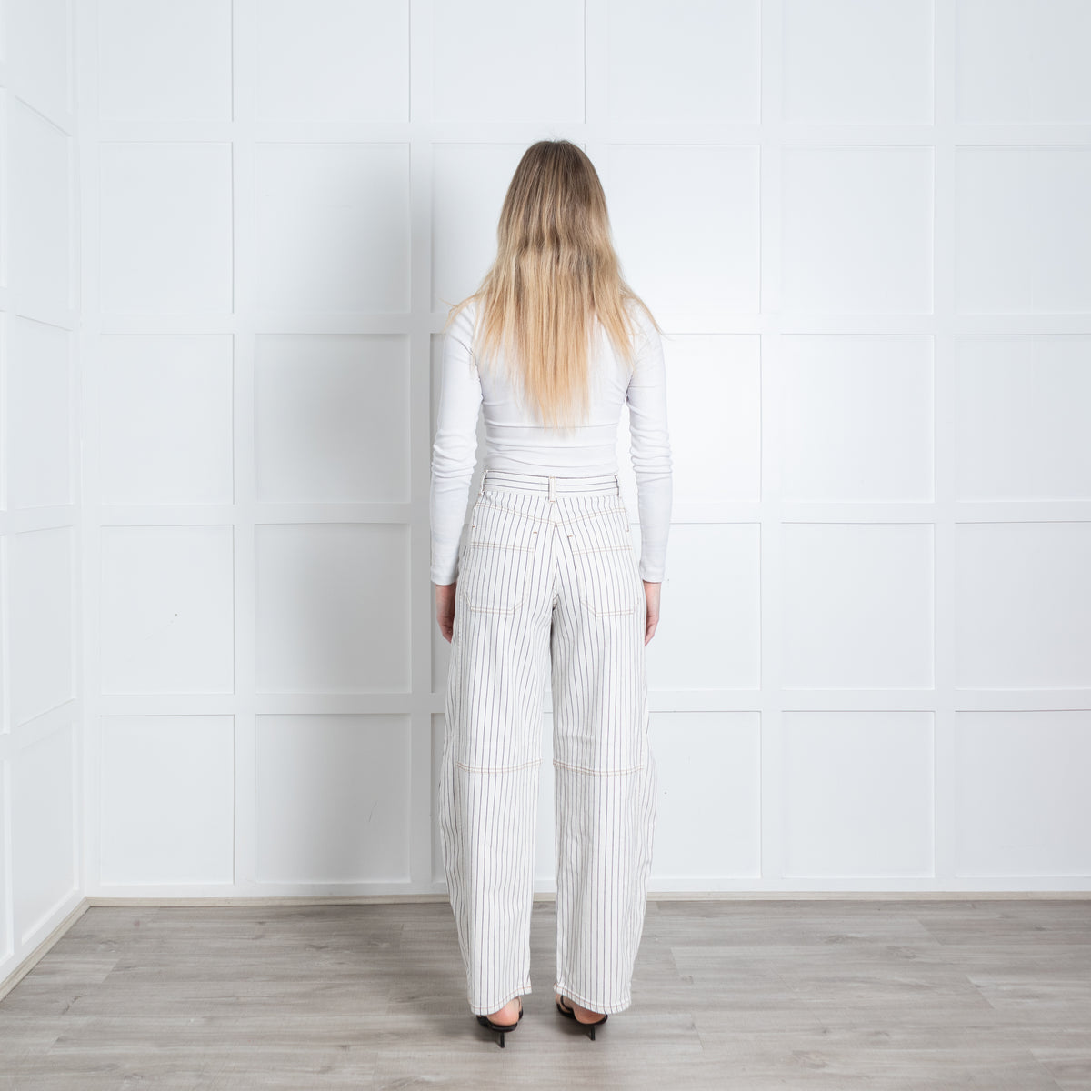 Me + Em Cream Black Striped Barrel Leg Jeans