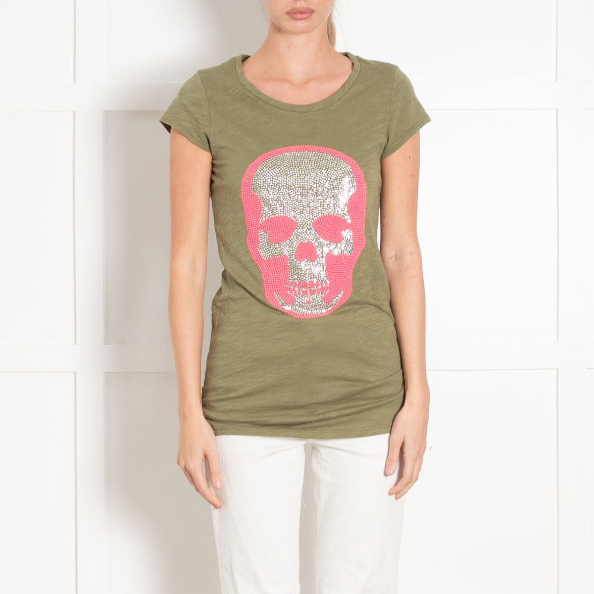 e.vil Khaki Neon Pink and Silver Skull T-shirt