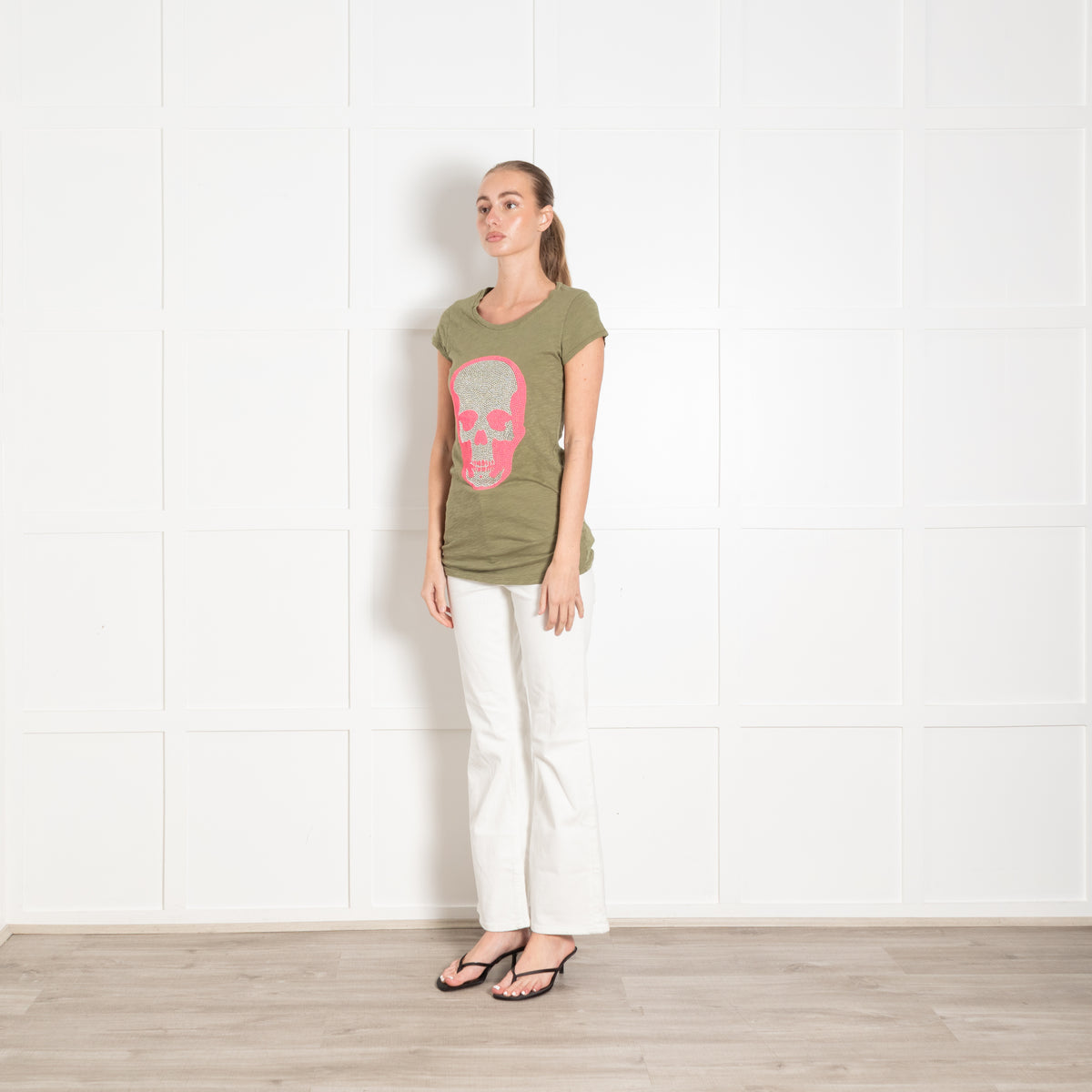 e.vil Khaki Neon Pink and Silver Skull T-shirt