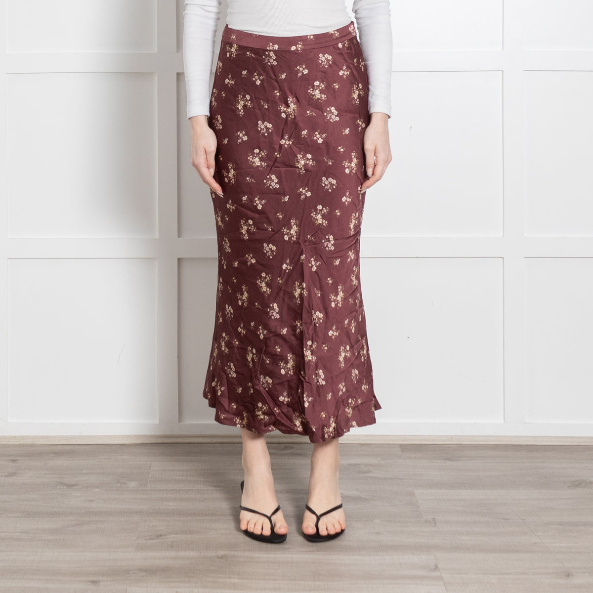 Hansen & Gretel Brown Cream Floral Satin Long Skirt