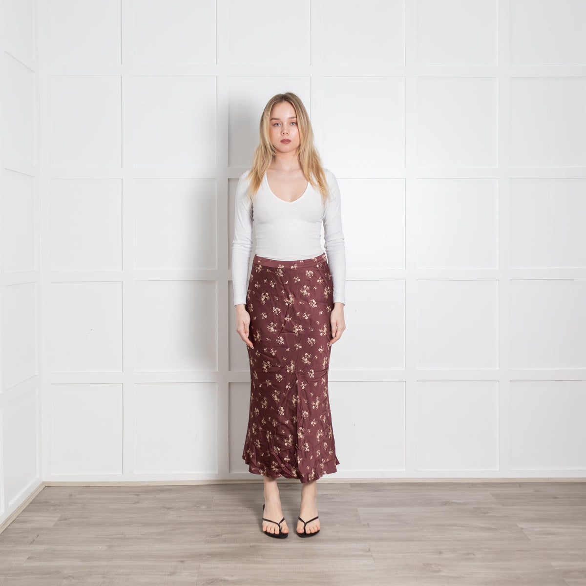 Hansen & Gretel Brown Cream Floral Satin Long Skirt