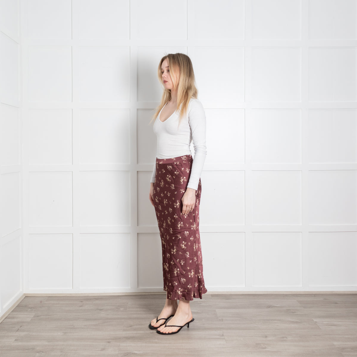 Hansen & Gretel Brown Cream Floral Satin Long Skirt