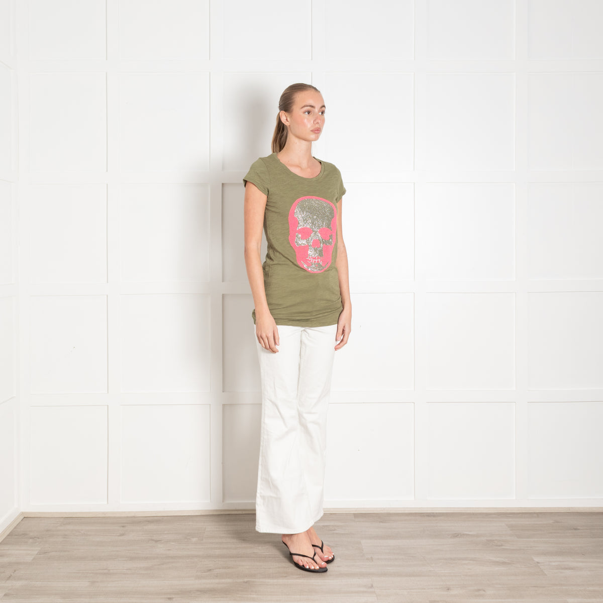 e.vil Khaki Neon Pink and Silver Skull T-shirt