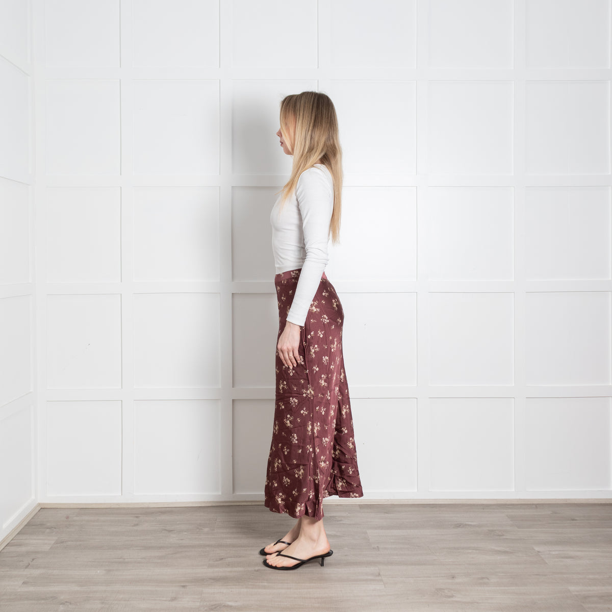 Hansen & Gretel Brown Cream Floral Satin Long Skirt