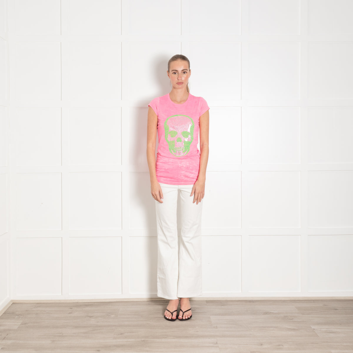 e.vil Pink Neon Green and Silver Skull T-shirt
