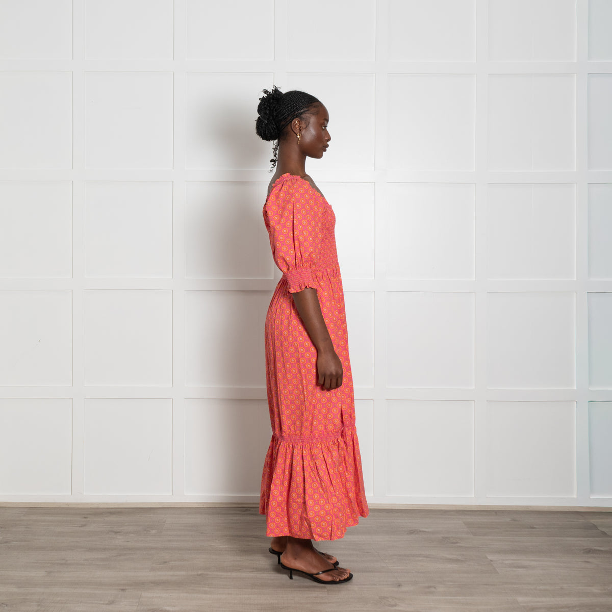 Wyse Pink and Orange Shirred Midi Dress