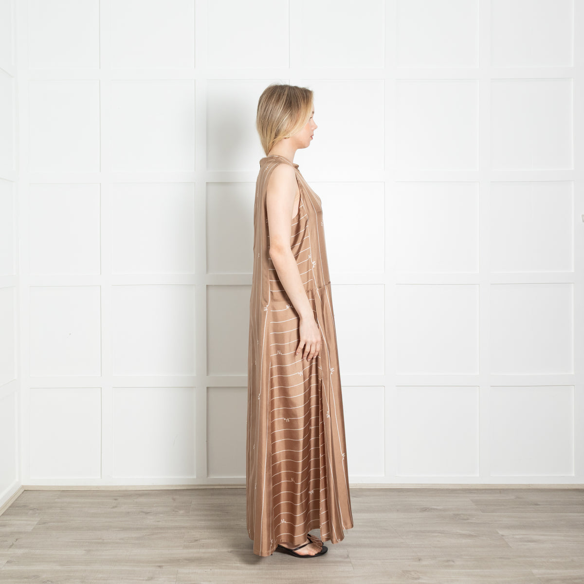 Max Mara Brown Silk Striped Sleeveless Maxi Dress