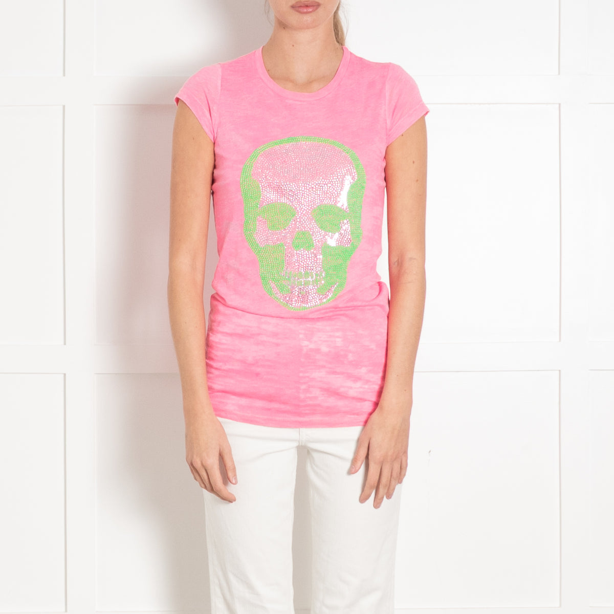 e.vil Pink Neon Green and Silver Skull T-shirt