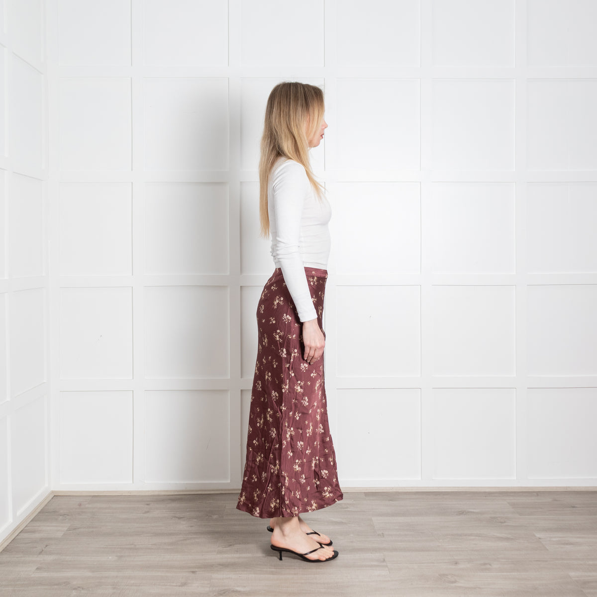 Hansen & Gretel Brown Cream Floral Satin Long Skirt
