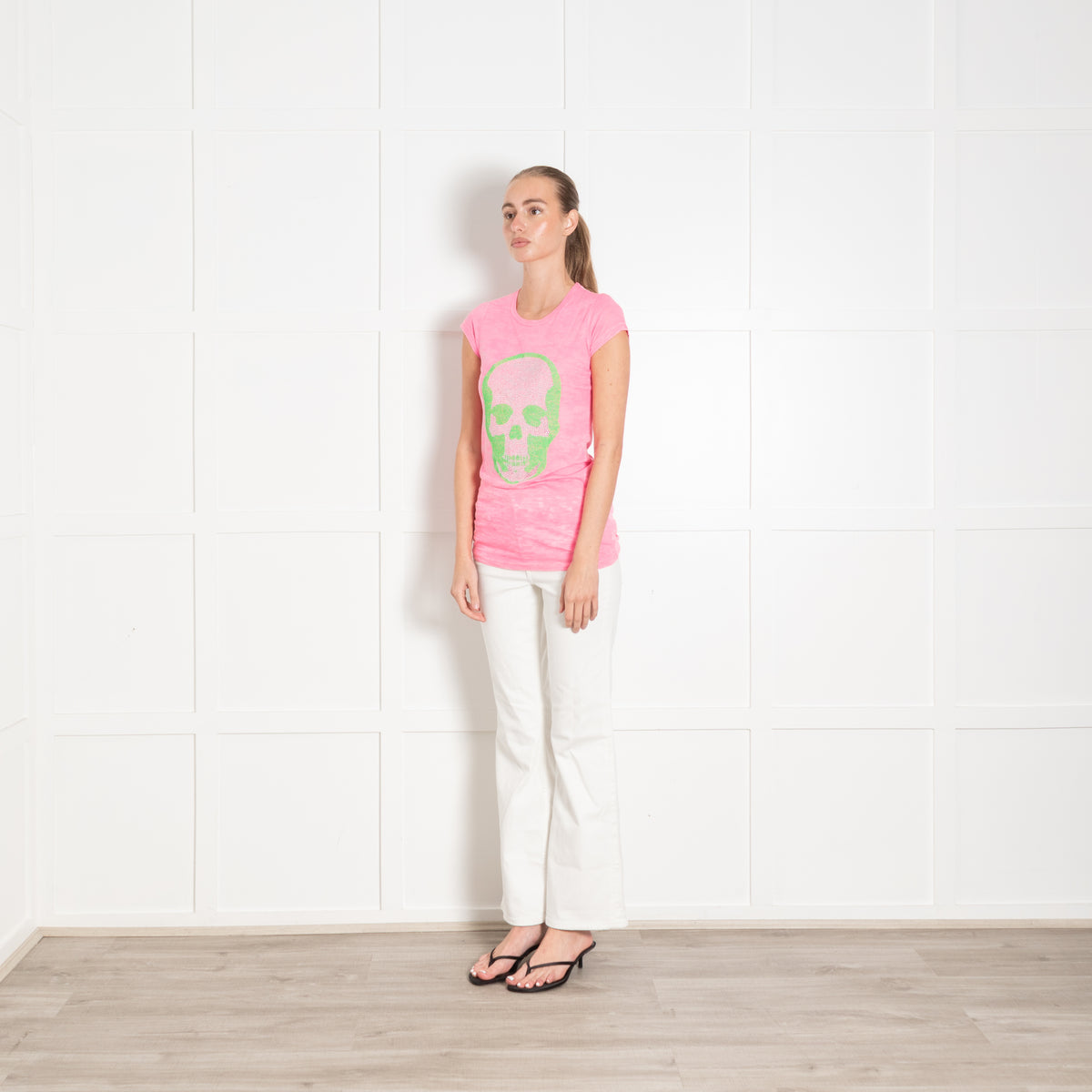 e.vil Pink Neon Green and Silver Skull T-shirt