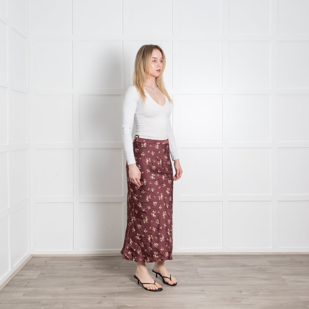 Hansen & Gretel Brown Cream Floral Satin Long Skirt