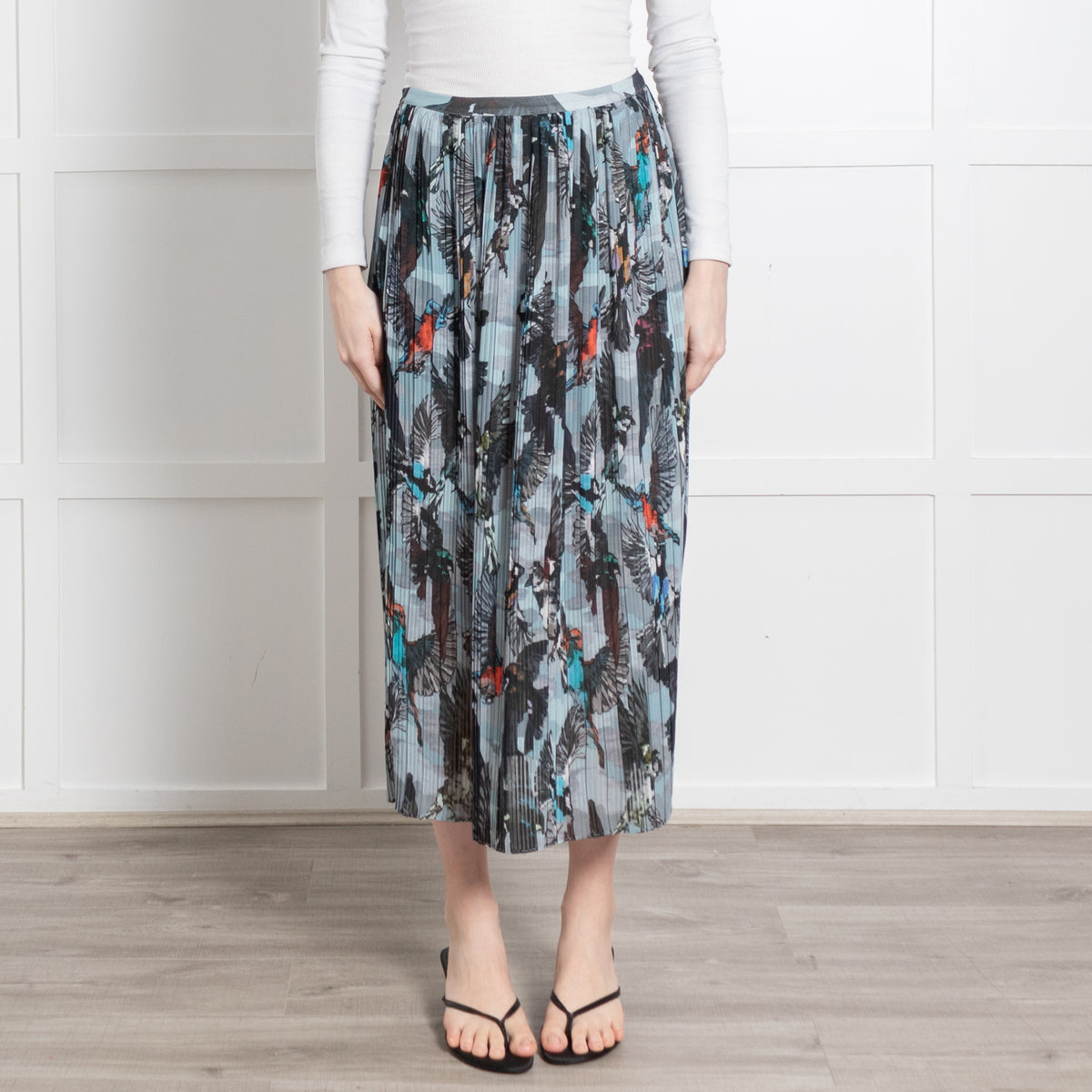 Markus Lupfer Grey Pleated Bird Print Skirt