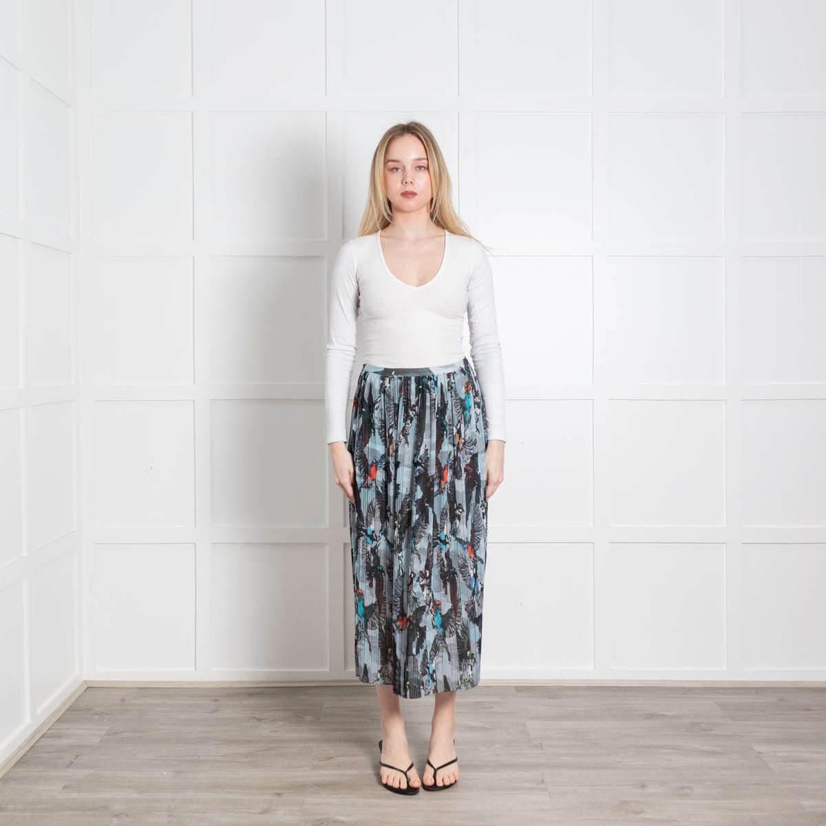 Markus Lupfer Grey Pleated Bird Print Skirt