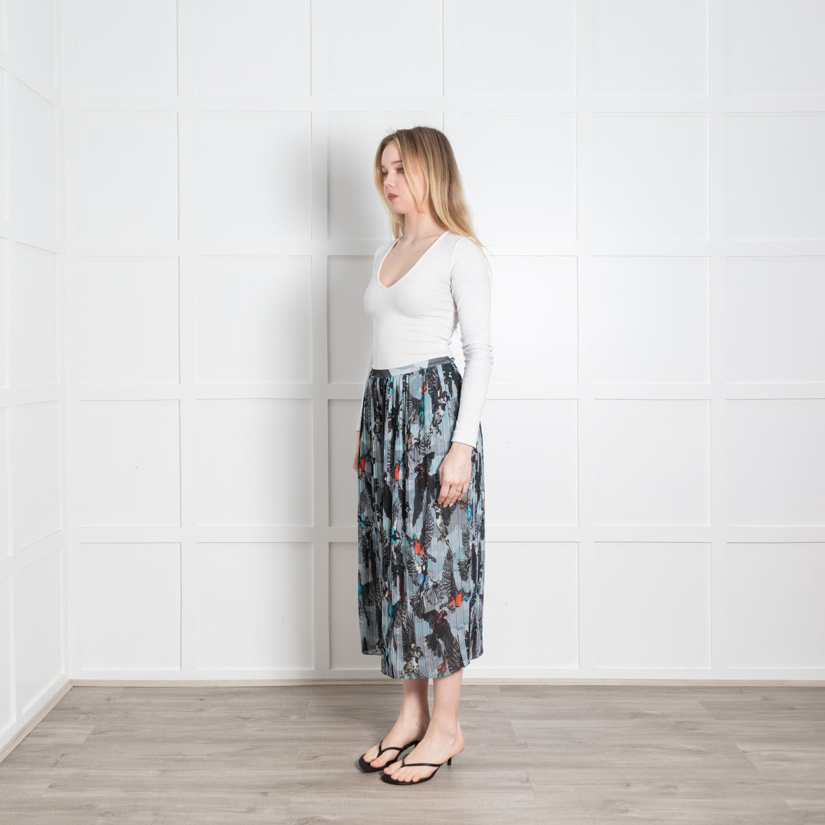 Markus Lupfer Grey Pleated Bird Print Skirt