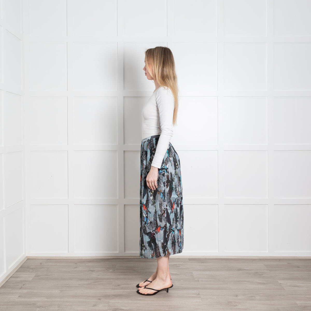 Markus Lupfer Grey Pleated Bird Print Skirt