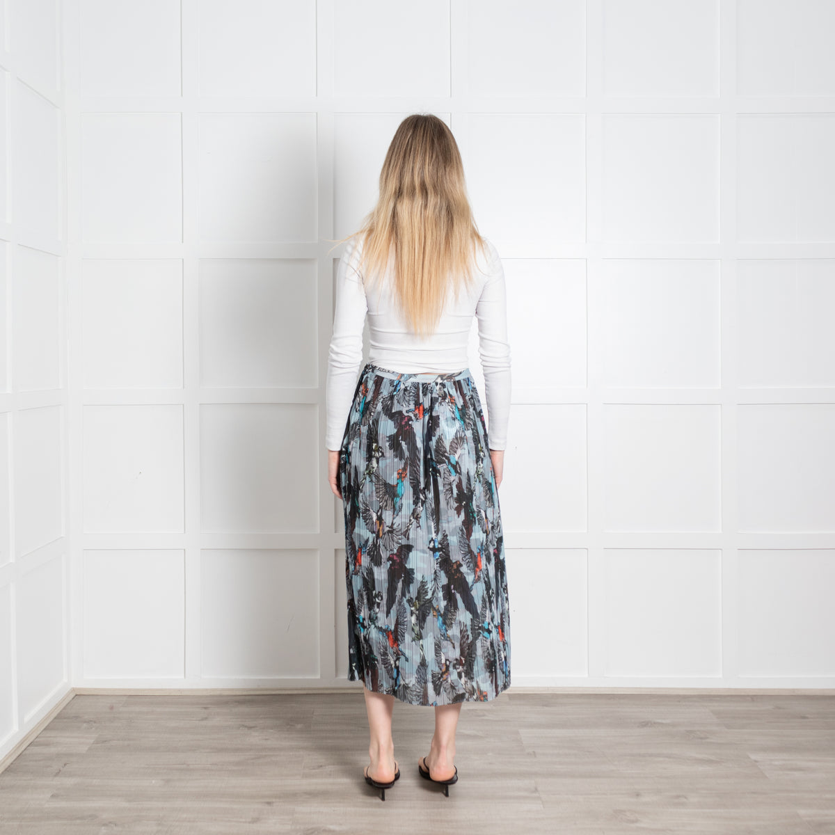 Markus Lupfer Grey Pleated Bird Print Skirt