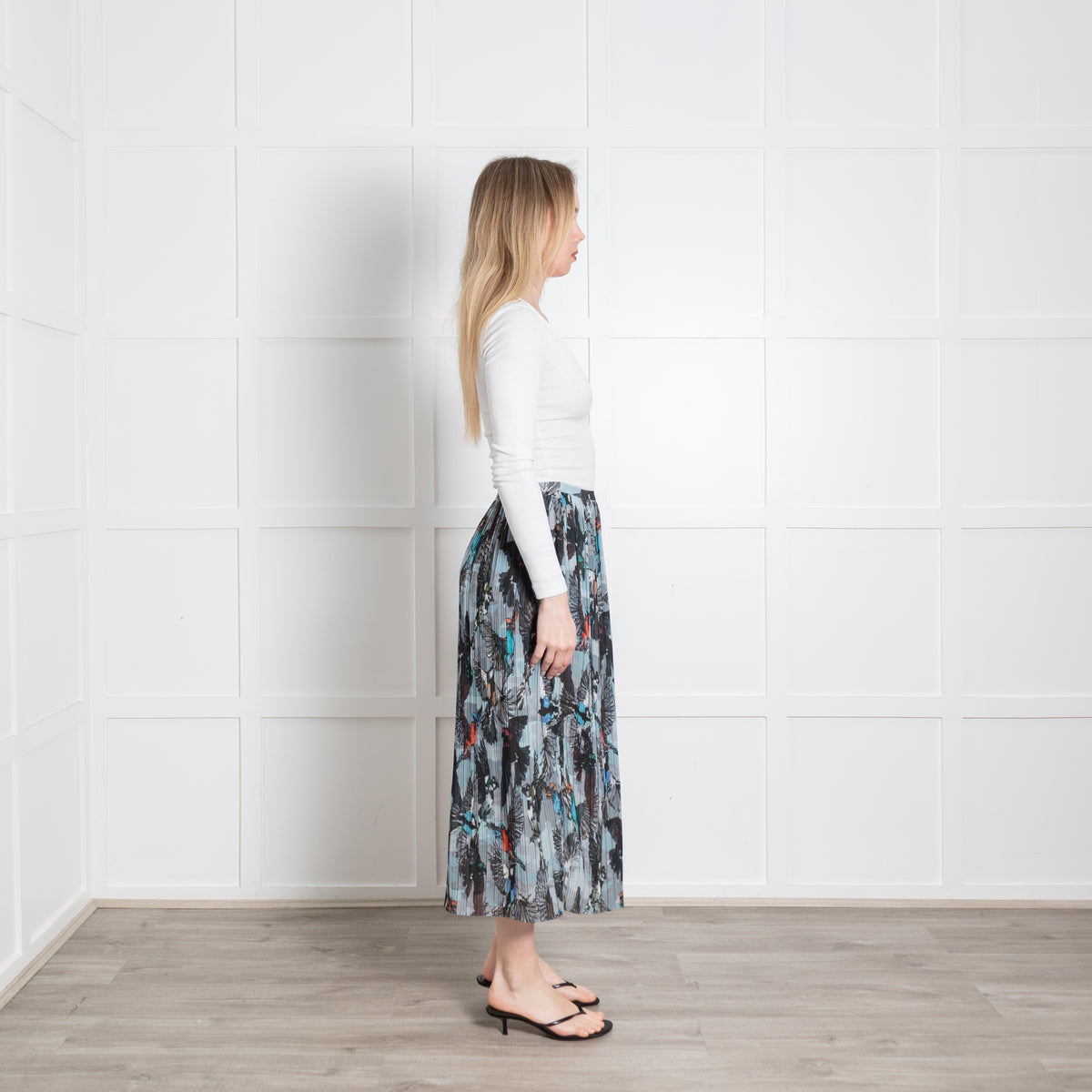 Markus Lupfer Grey Pleated Bird Print Skirt