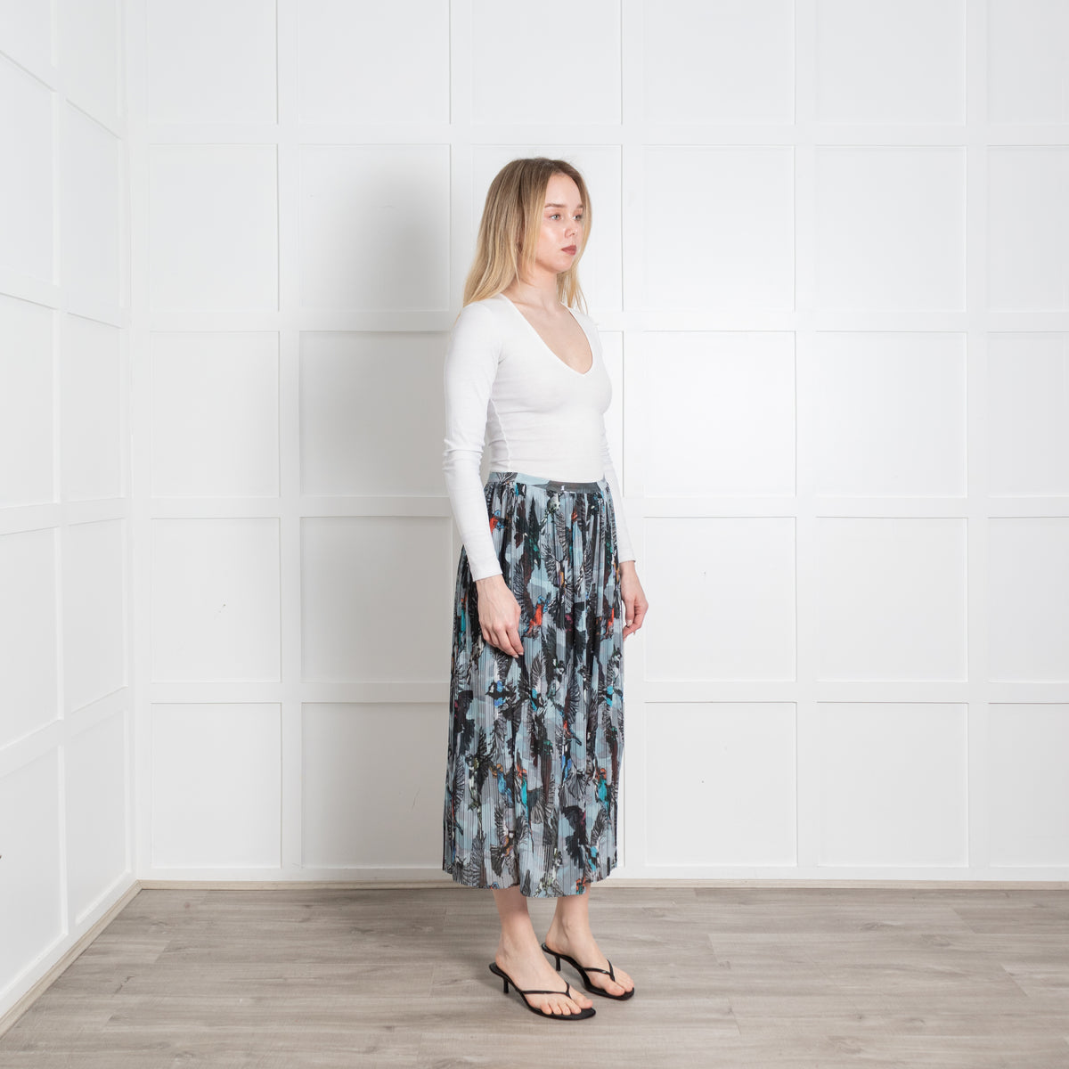 Markus Lupfer Grey Pleated Bird Print Skirt