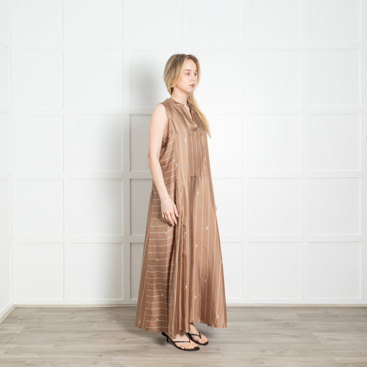Max Mara Brown Silk Striped Sleeveless Maxi Dress