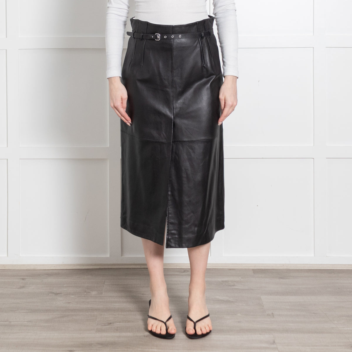 Red Valentino Black Leather Belted Mid Length Skirt