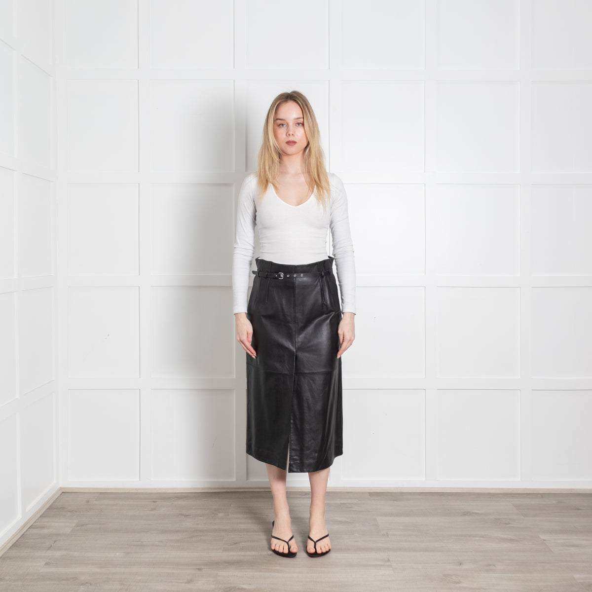 Red Valentino Black Leather Belted Mid Length Skirt