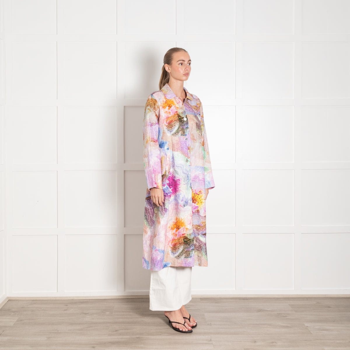 NRBY Multicoloured Linen Etched Flowers Coat