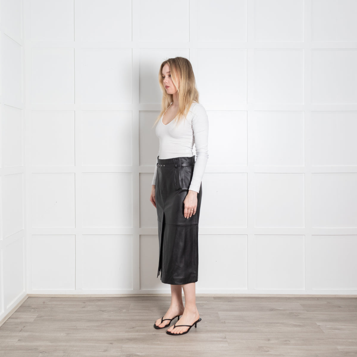 Red Valentino Black Leather Belted Mid Length Skirt