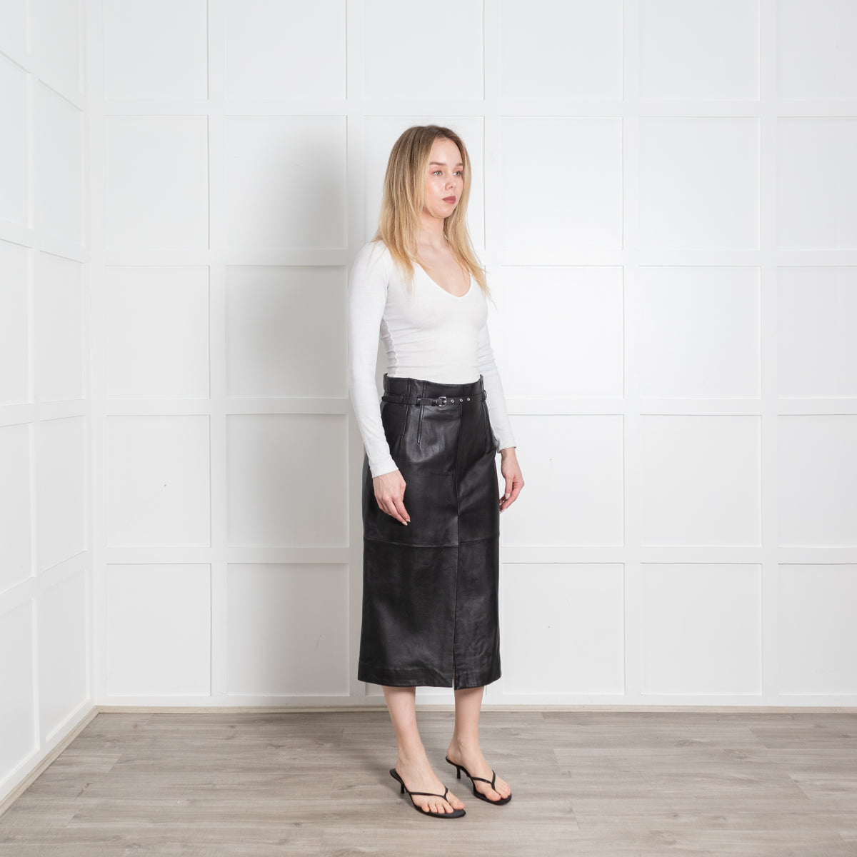 Red Valentino Black Leather Belted Mid Length Skirt