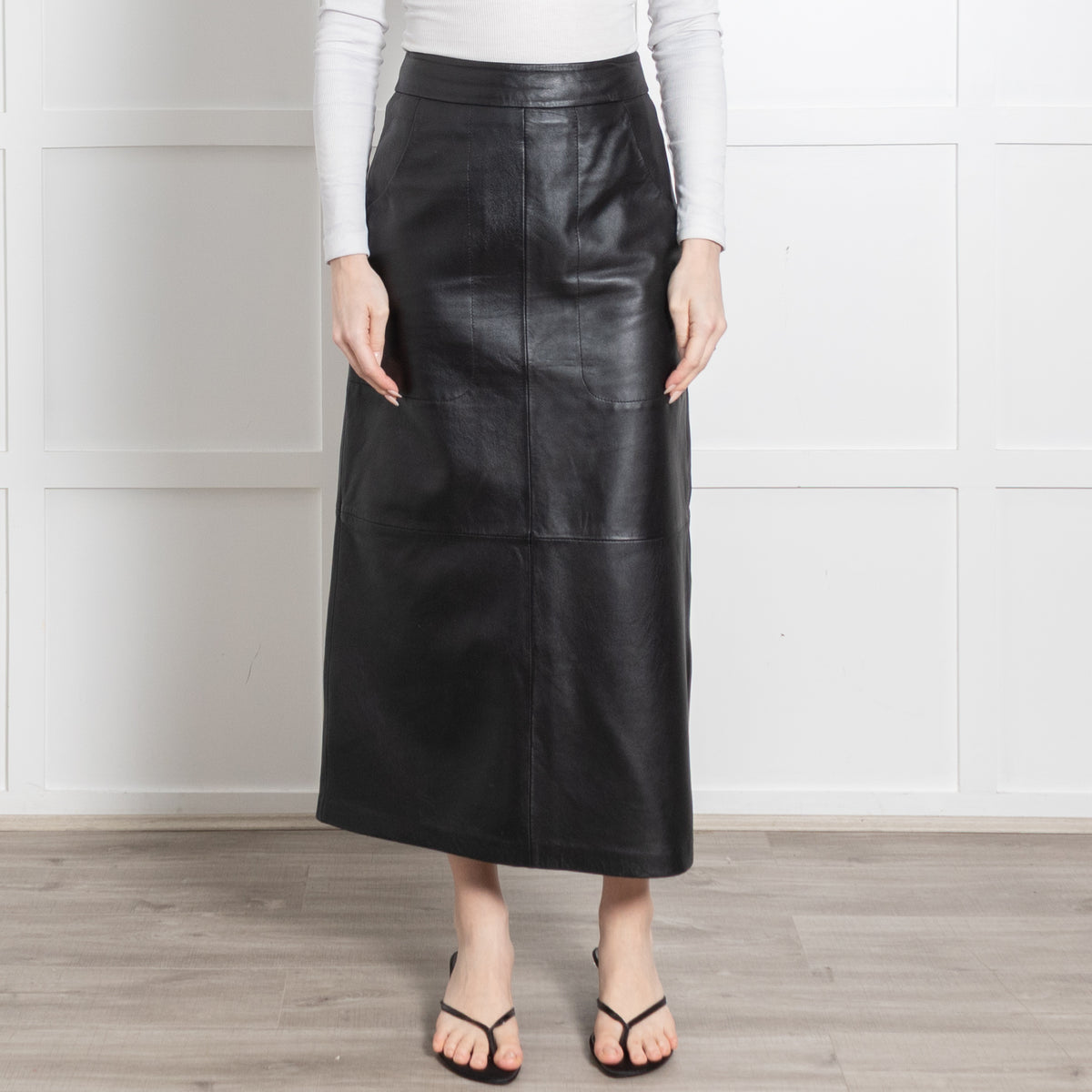 Cefinn Black Leather Pencil Midi Skirt
