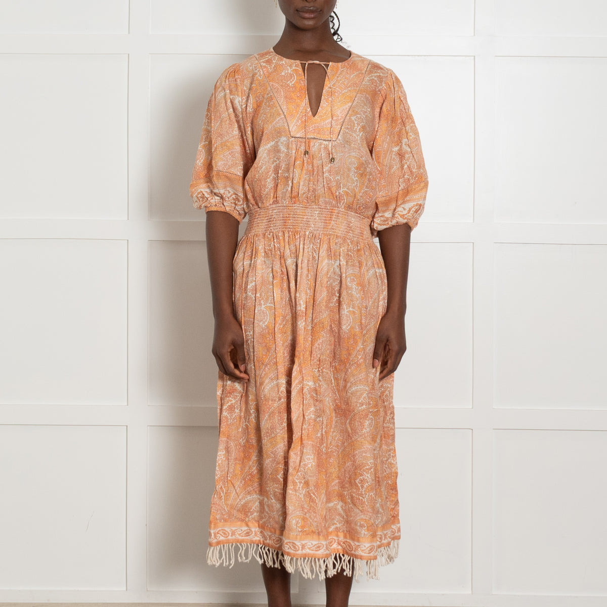 Zimmermann Orange Paisley Elasticated Midi Dress