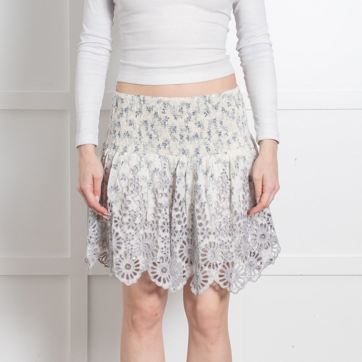Ganni Cream Blue Embroidered Scallop Trim Mini Skirt