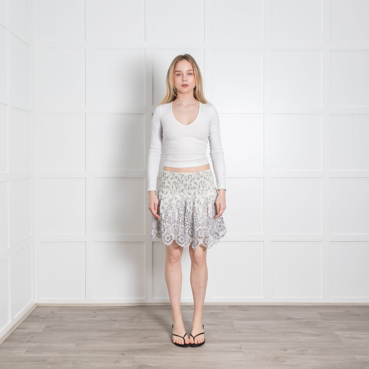 Ganni Cream Blue Embroidered Scallop Trim Mini Skirt