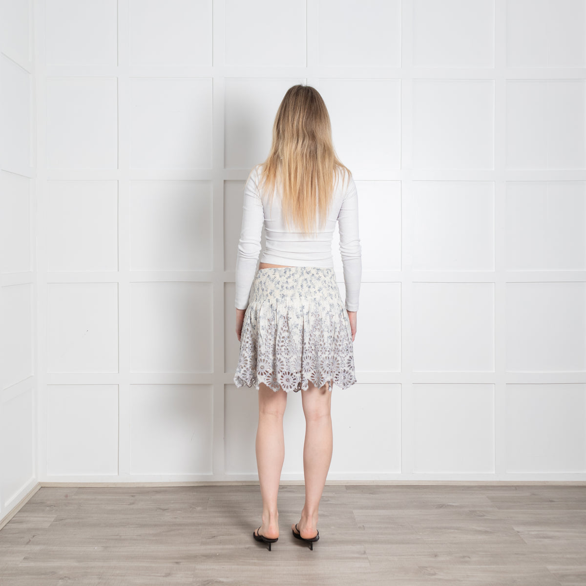 Ganni Cream Blue Embroidered Scallop Trim Mini Skirt