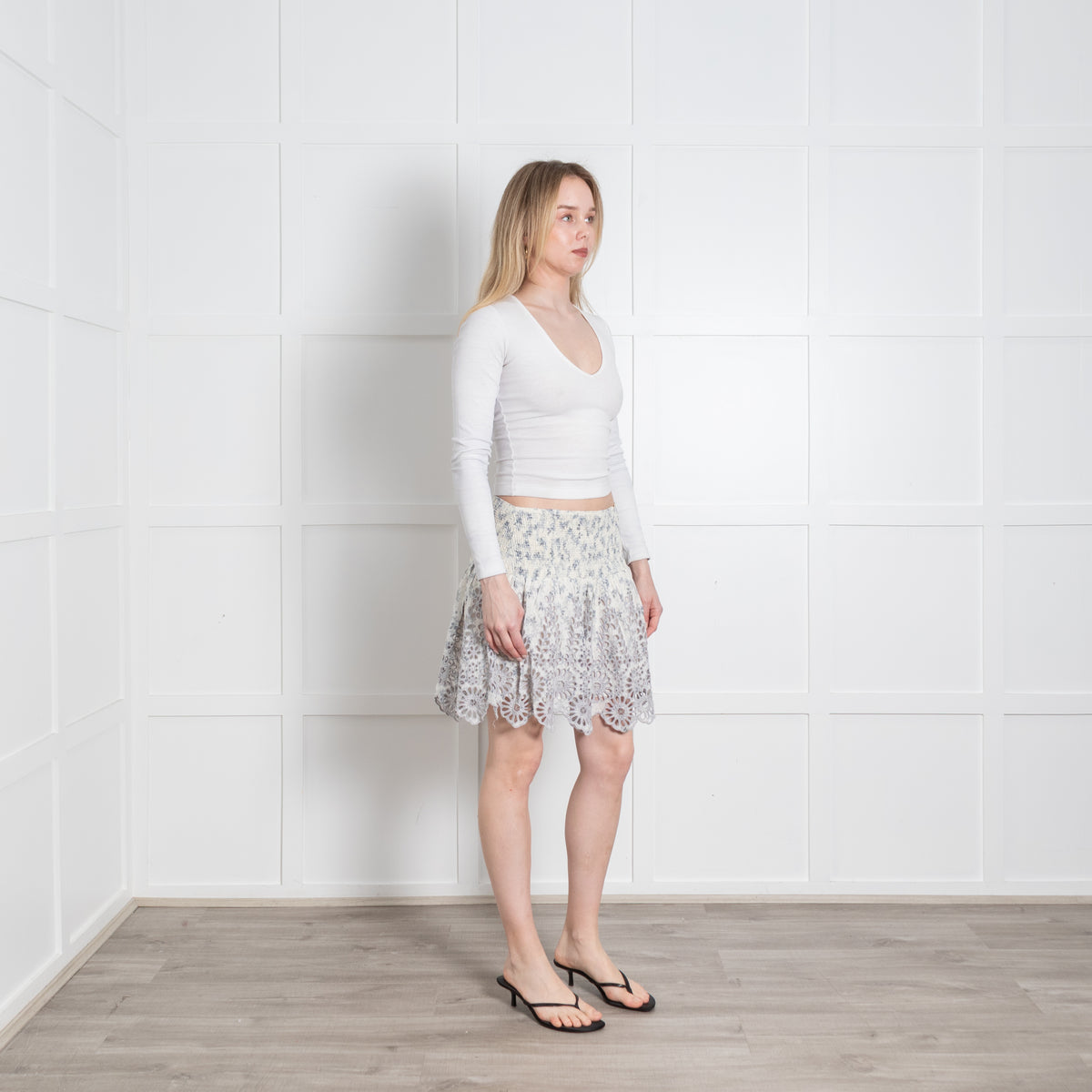 Ganni Cream Blue Embroidered Scallop Trim Mini Skirt